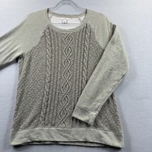 L.L. Bean Sweater Womens Large Gray Green Cable Knit Raglan Crew Neck Pullover